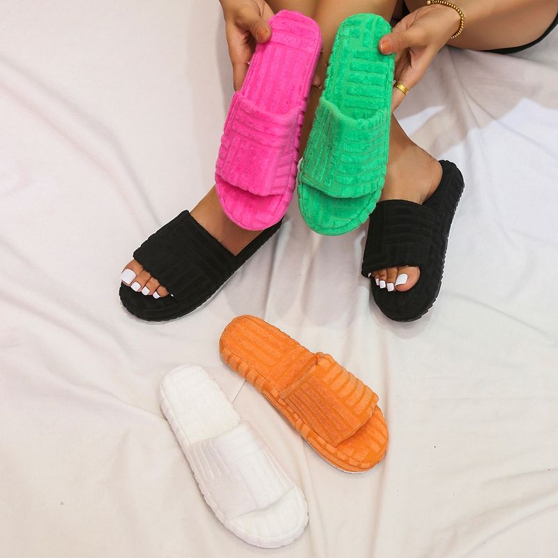 Women's one word thick bottom solid color towel fabric woolly slippers_voghion.com