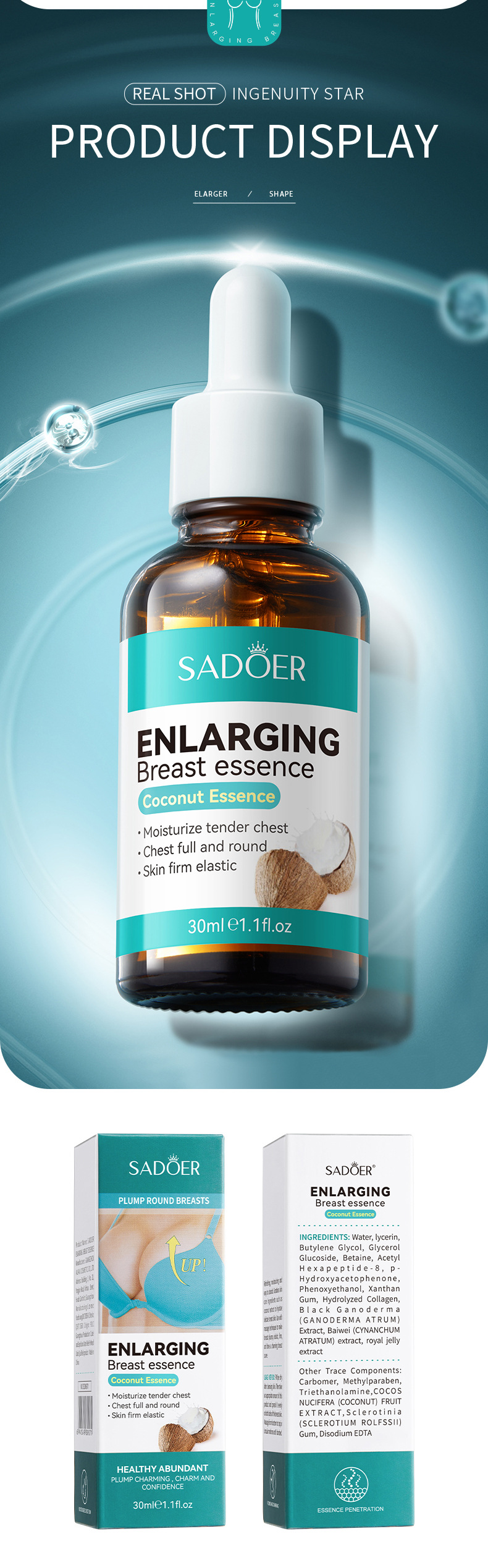 SADOER Lozione all'estratto di cocco Essenza rassodante per il seno Olio essenziale per la cura del massaggio ricco_voghion.com