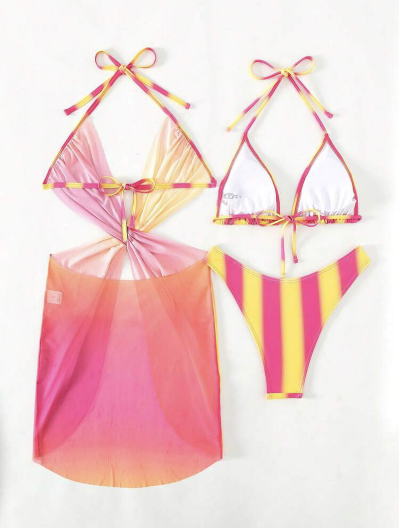 Naiste riided Triibuline Gradient Love Mesh seelik Kolmeosaline ujumistrikoo ujumistrikoo bikiinid bikiinid_voghion.com