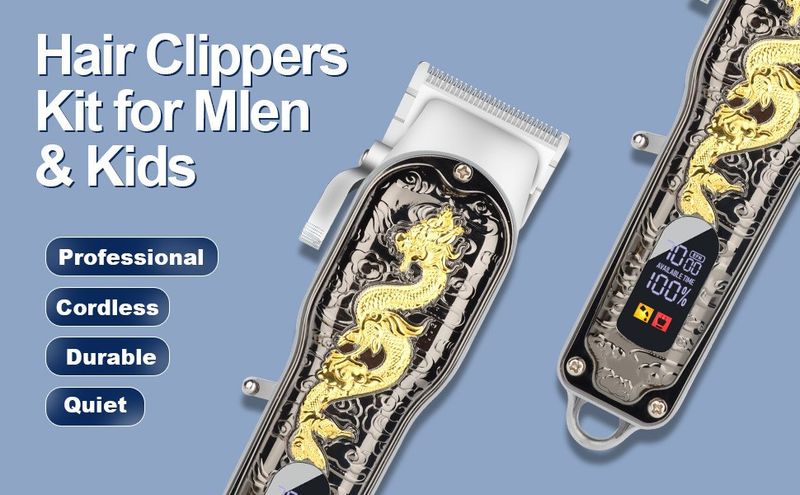 Professional Hair Clipper Set – Digital Display Cordless Trimmer With Detachable Blades & Dragon/High Hat Themed Covers_voghion.com