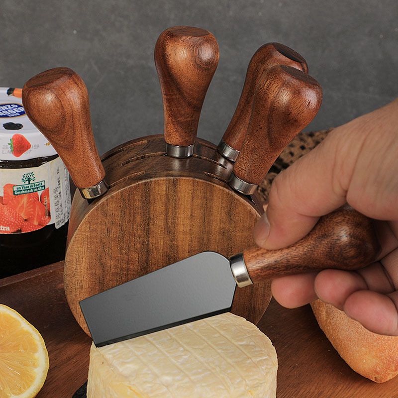 Solid Standable Handle And Fork Butter Acacia Wood Base Cheese Knife Set 6-Piece Gift Box_voghion.com