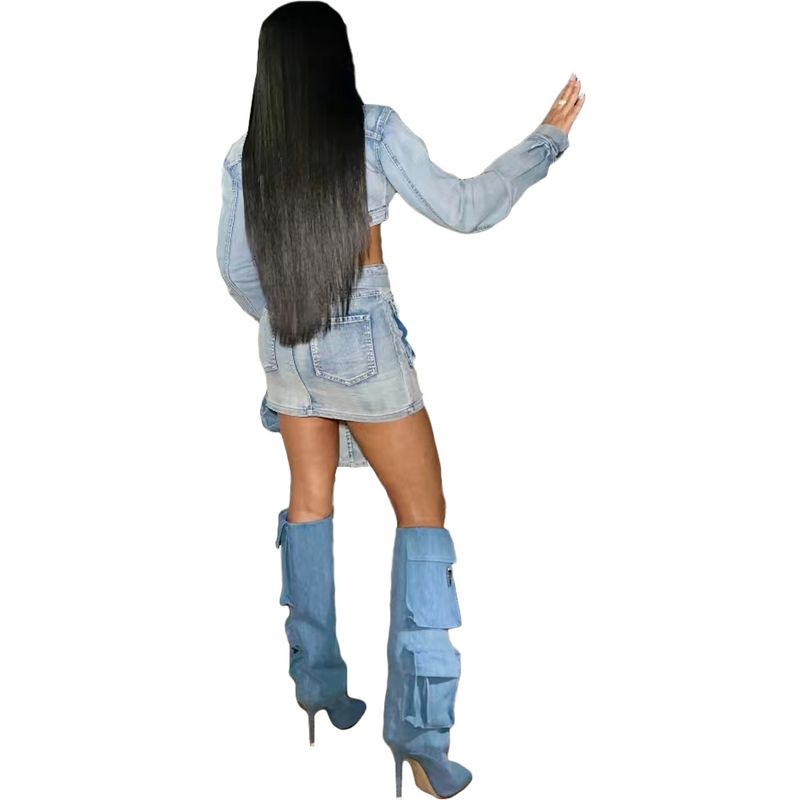 NY8155 Sexy Damen-Rock-Set aus gewaschenem Denim mit Schnürung und 3D-Tasche_voghion.com