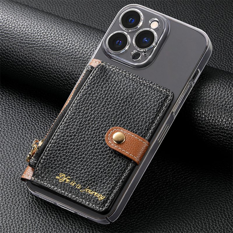 Capa para celular TechGlobe Lychee com aba articulada, borda oleada, cor sólida, zíper, adesivo na parte traseira, compartimento para cartões e porta-moedas._voghion.com