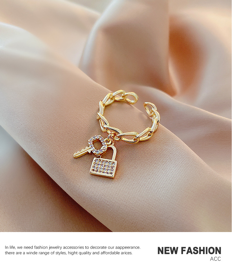 Anillo con incrustaciones de VENUS Micro AAA Zircon Key Lock Anillo de dedo índice abierto femenino Cadena simple de temperamento de moda_voghion.com