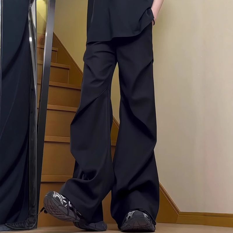 Amerikanische High-Street-Hose, plissiert, drapiert, einfarbig, Unisex, lässig, leicht ausgestellt, hochwertiges Design, Cleanfit-Hose_voghion.com