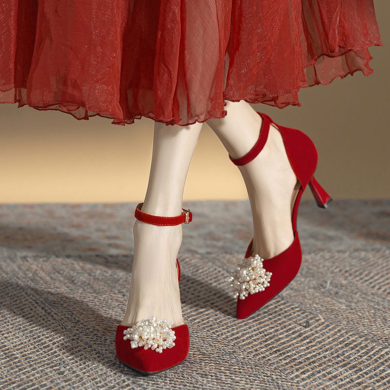 Chinese Style Xiuhe Red Wedding Pearl Flower Hollow High Heels, Spring And Summer New Styles, Detailed Order Shoes,_voghion.com