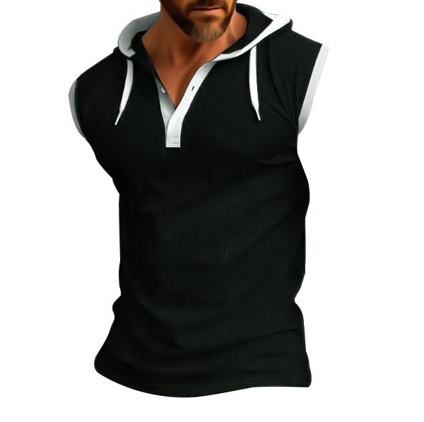 2024 Summer New Men's Tank Top Hooded Shoulder Trendy Brand Casual Sleeveless T-shirt_voghion.com