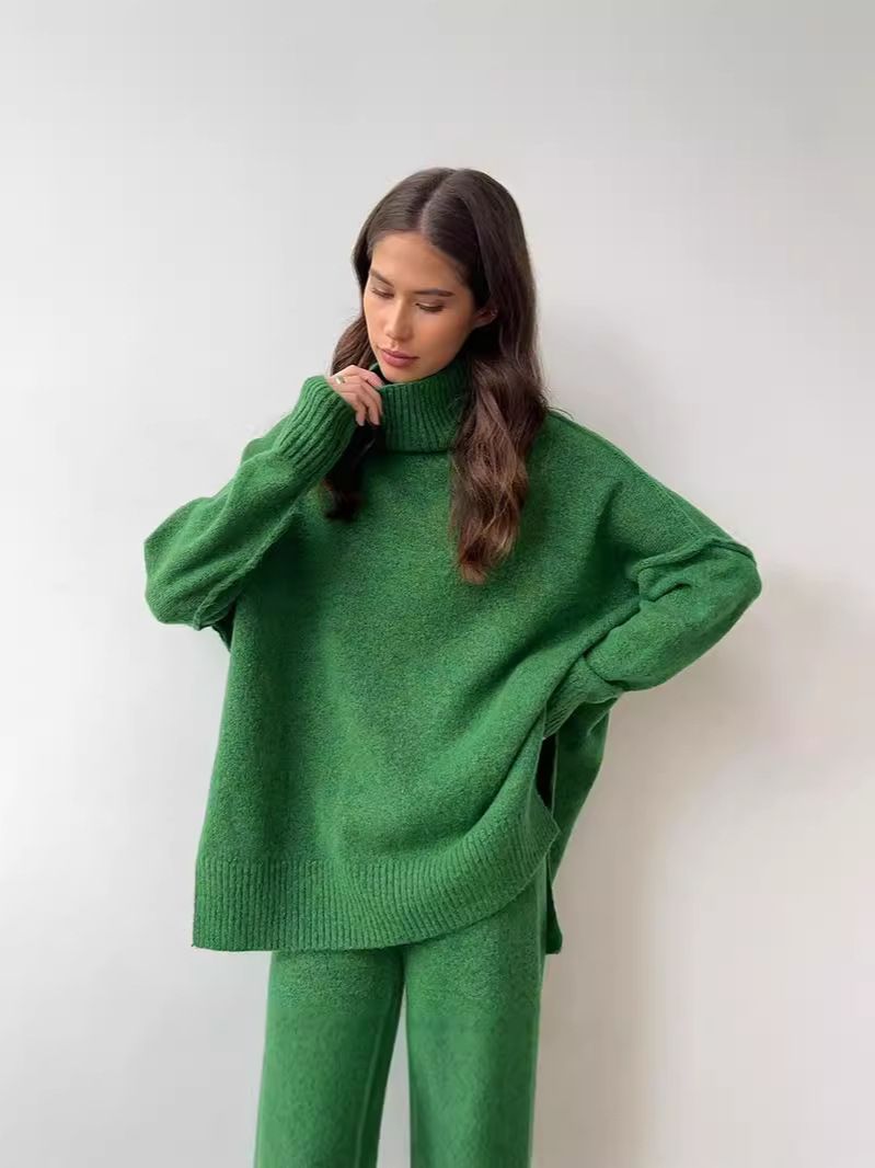 Completo da donna con maglione a collo alto e pantaloni in maglia – Completo invernale casual ampio (acrilico, cammello/marrone/grigio scuro/verde, S/M/L)_voghion.com