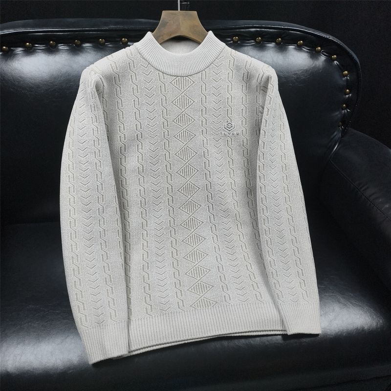 Pull en grosse maille pour homme - Pull d'hiver en maille torsadée avec col rond, manches longues, coupe oversize, blanc et beige (tailles M à 3XL)_voghion.com