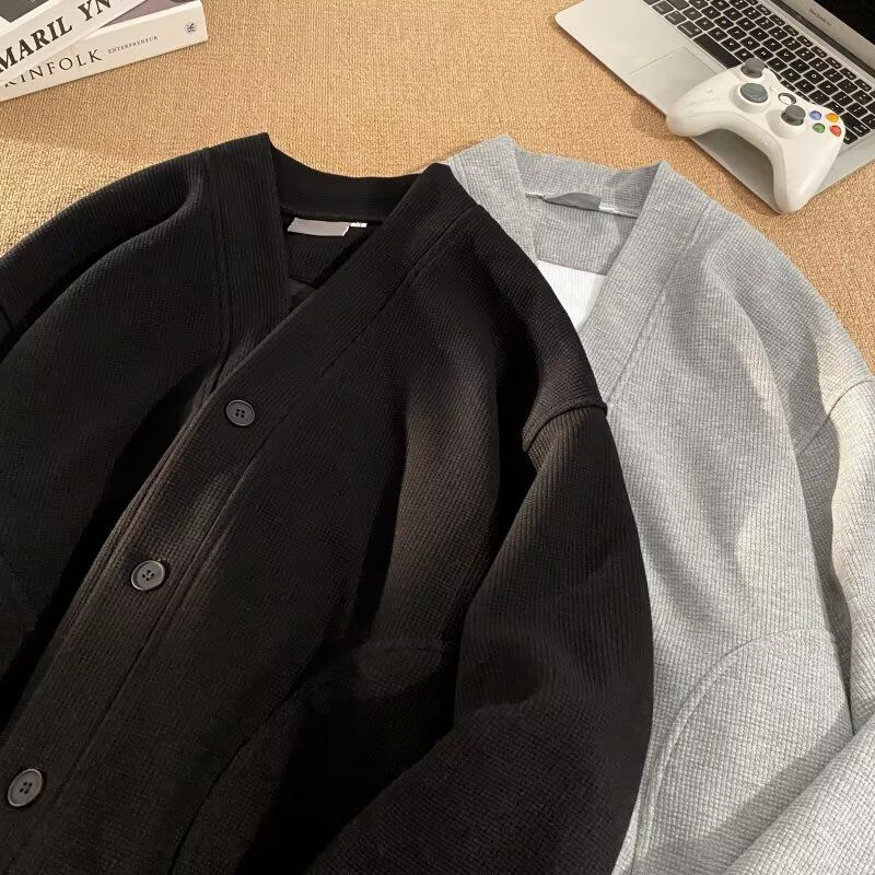 Autumn Winter New American Style Knitted Sweater Men's Loose V-Neck Cardigan Sweatshirt Trendy Casual Jacket Men_voghion.com