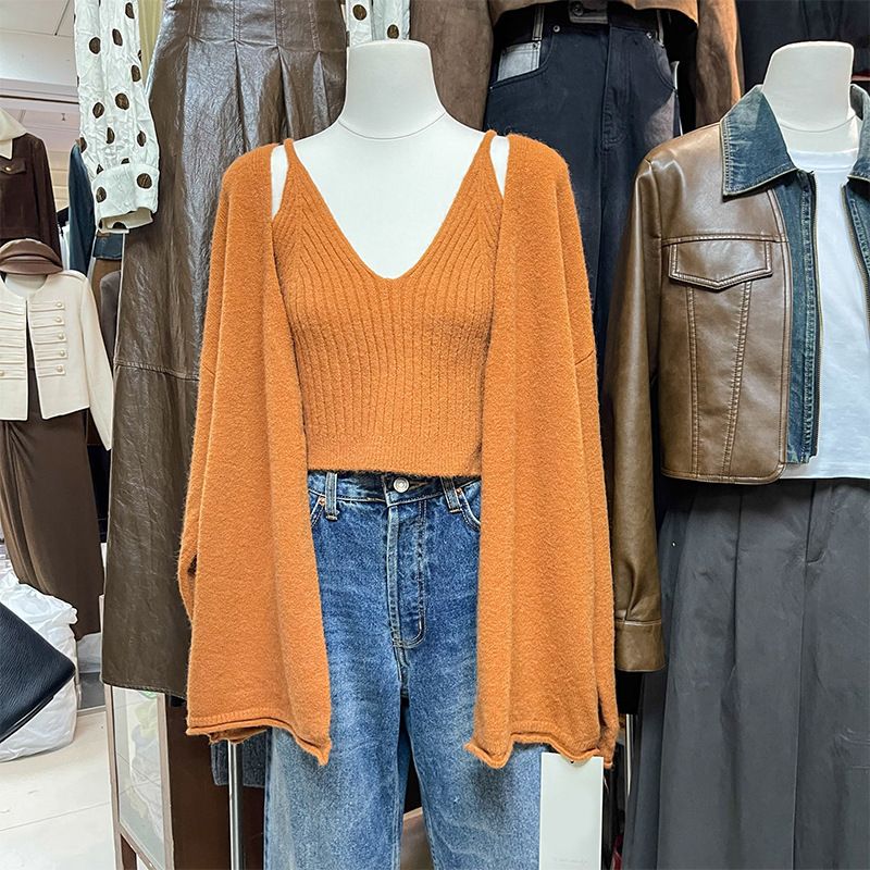 Completo cardigan in maglia da donna - Canotta con lacci e scollo a V e maglione a maniche lunghe, design casual a coste in stile coreano, completo in due pezzi tinta unita_voghion.com