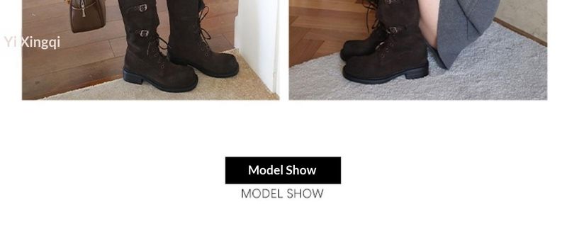 Voyage Rindsleder-Version ~ Lange Stiefel aus echtem Leder für Damen, neuer Herbst- und Winterstil, Schnürstiefel mit hohem Schaft, eckige Zehenschnalle_voghion.com