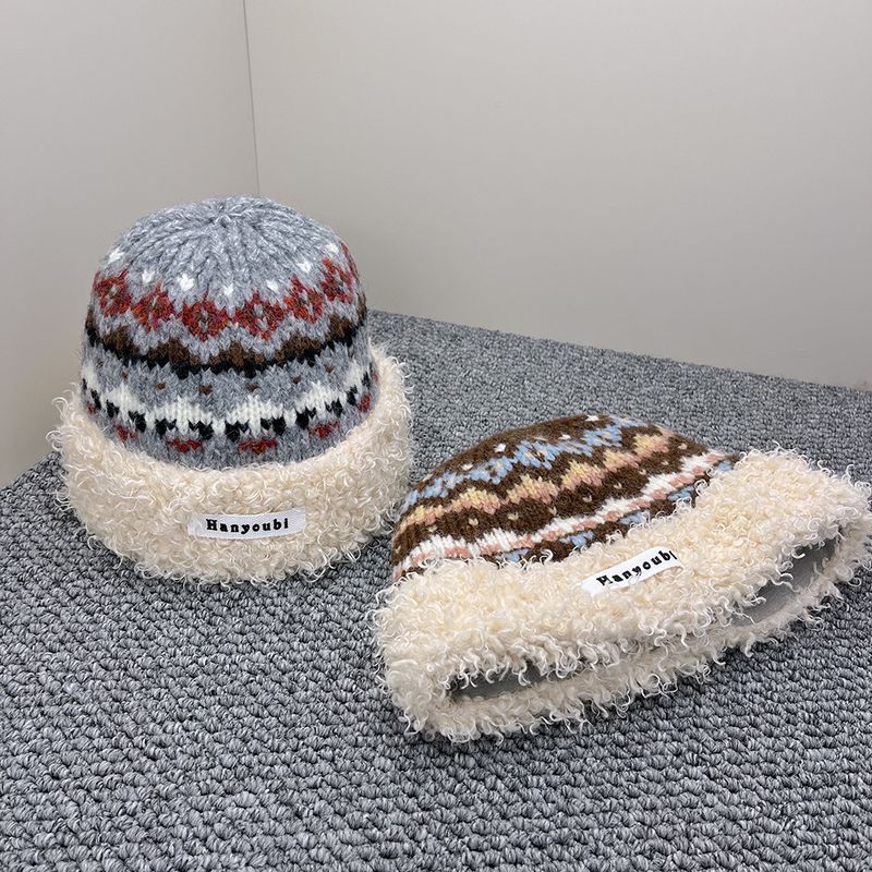 Cappello da pescatore in peluche jacquard patchwork per donna, fa sembrare il viso più piccolo, cappello lavorato a maglia spesso e caldo per autunno e inverno, alla moda._voghion.com
