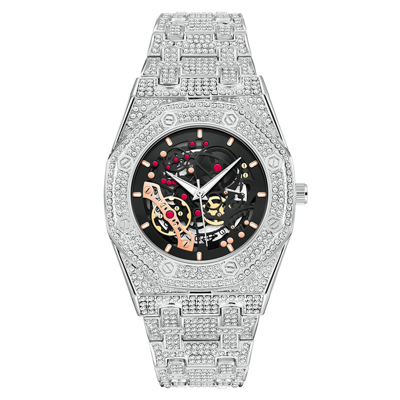Relógio masculino de hip hop com detalhes em diamante - Pulseira de liga, função de calendário, movimento de quartzo - Acessório estiloso e moderno para homens_voghion.com