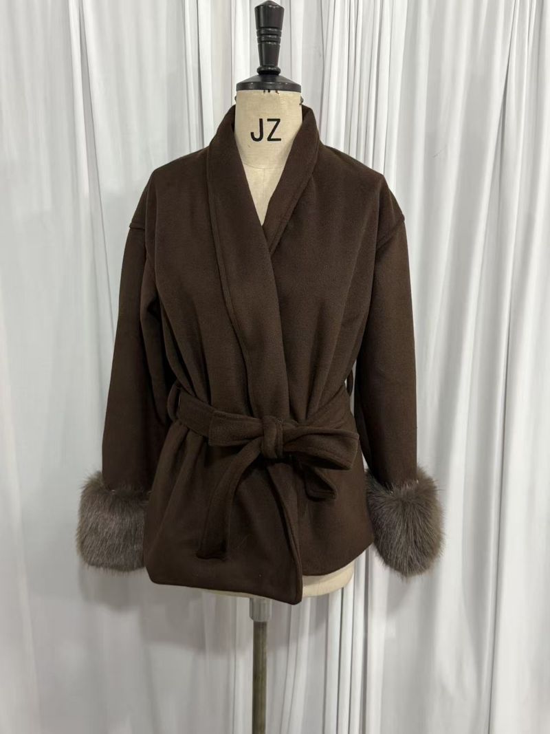 Trenchcoat aus Wollmischung – Langer Damenmantel mit übergroßem Revers und Gürteldetail für elegante und lässige Kleidung_voghion.com