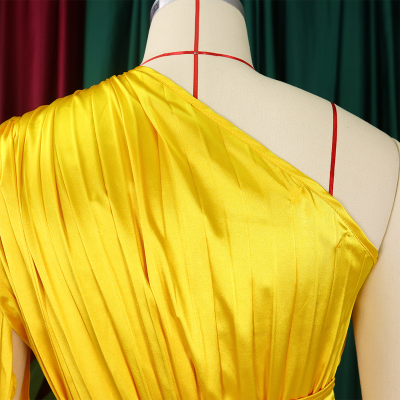 women's clothing new one-shoulder pleated long skirt oblique collar waist dress _voghion.com