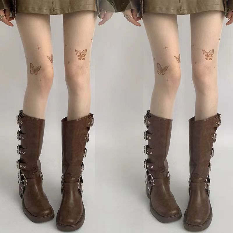 Neue weiße Strümpfe aus reinen Anti-Haken-Strümpfen für Damen im Frühjahr und Herbst mit schwarzem Schmetterlings-Tattoo-Druck, Strumpfhosen-Leggings_voghion.com