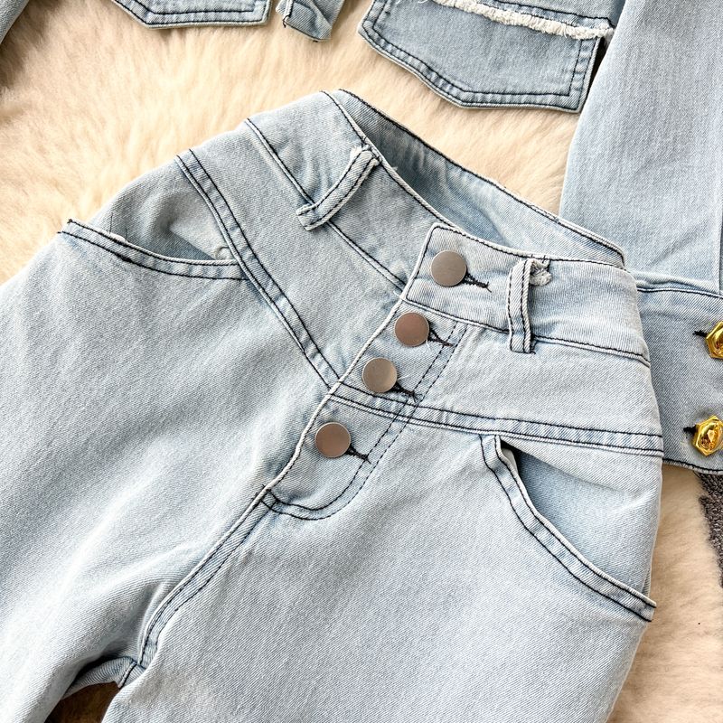 Abbigliamento da donna Dolce e fresco ragazza calda retrò design buco usurato vestito di jeans femminile autunno camicia a maniche lunghe + pantaloni a vita alta slim_voghion.com