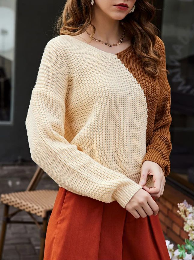 Maglione a V con giunture multicolori a maniche lunghe da donna_voghion.com