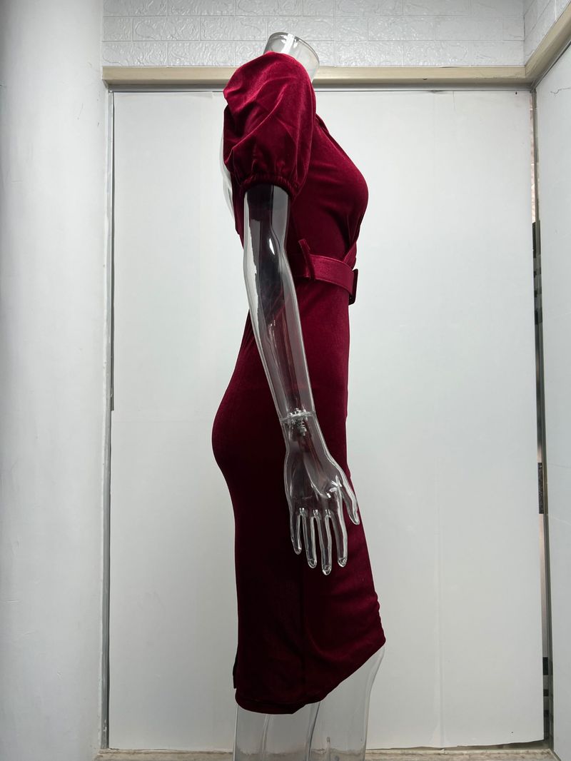 2024 Primavera Nuovo Colore Solido Vita Mostra Petto Sexy Scollo Basso Manica a Bolla Velluto Fianchi Avvolgente Abito_voghion.com
