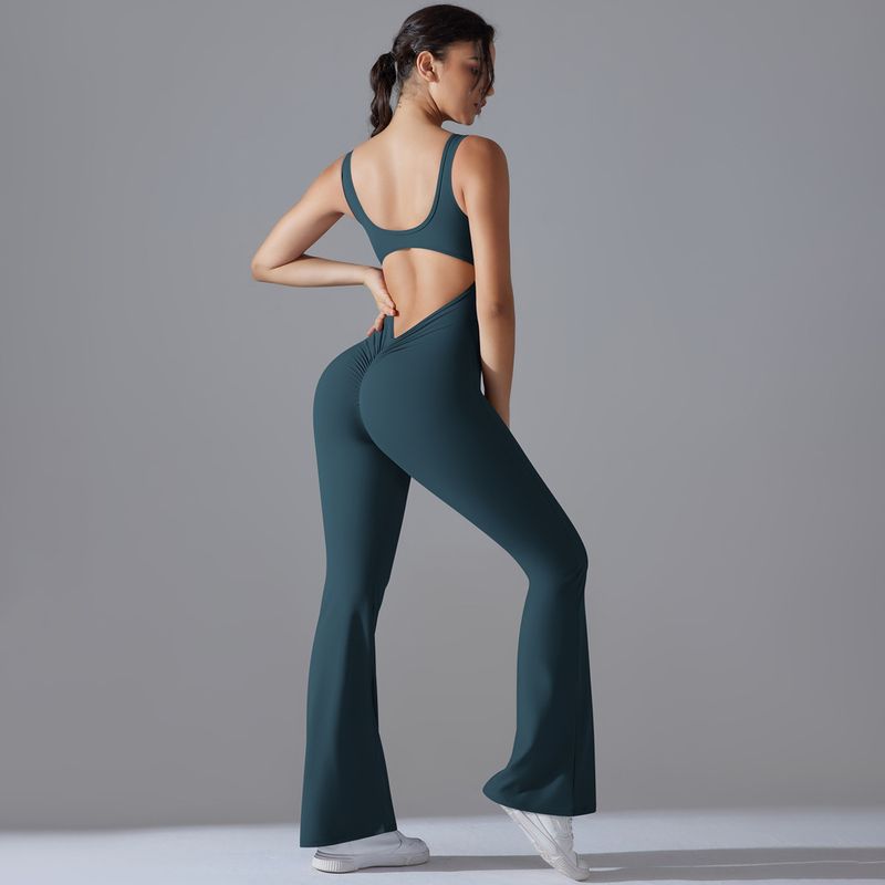 Neuer, einfarbiger, hüfthebender, langer, schmal geschnittener Jumpsuit mit weitem Bein für Sport, Laufen, Fitness und Yoga_voghion.com