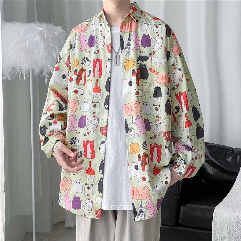 Spring and Autumn Fashion Brand Instagram Pi Shuai Long sleeved Flower Men's Loose Korean Shirt Hip Hop Street Coat_voghion.com