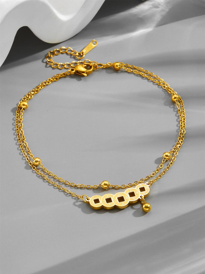 Titanstahl, lichtecht, doppellagige Perlenkette, Fußkettchen mit Kupfermünzen im chinesischen Stil, Dekorationszubehör_voghion.com