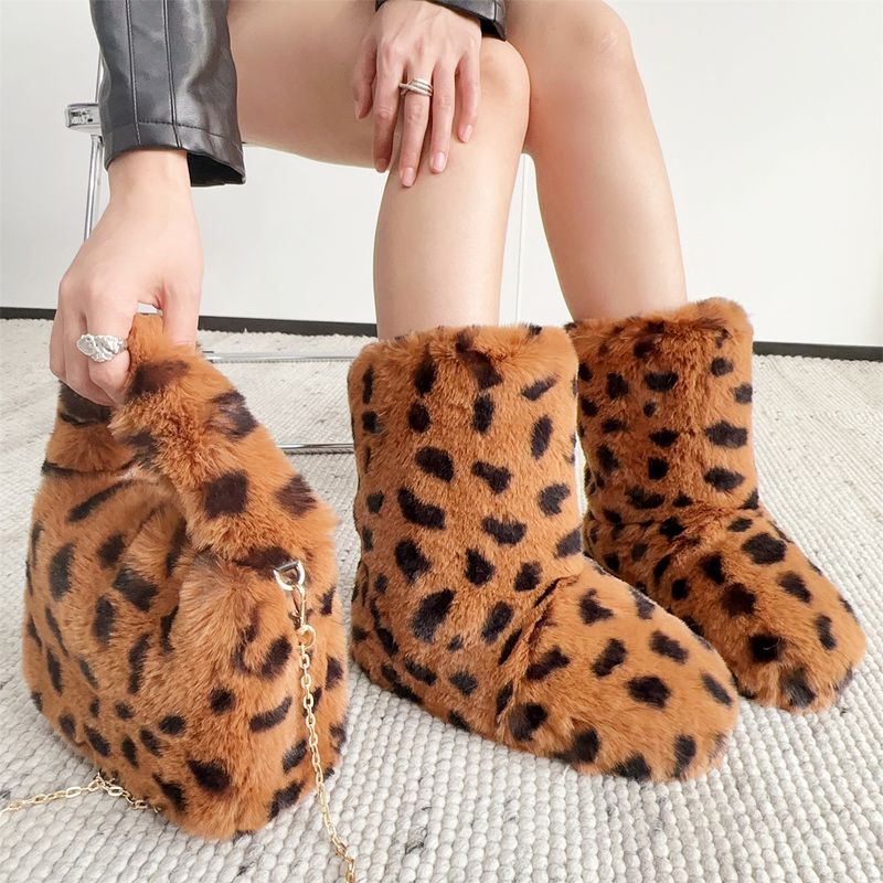 Faux Rabbit Fur Snow Boots For Women, Hot Girl Style Short Boots, Leopard Print Faux Fur Punk Y2k Trendy Cool Style Shoe And Bag Set_voghion.com