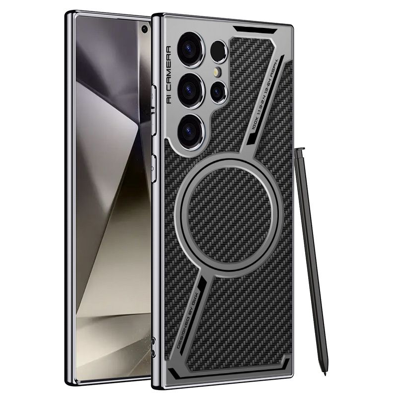 Kožené magnetické pouzdro ve tvaru Z s galvanicky pokoveným povrchem pro Samsung Galaxy S24Ultra/S23Ultra s bezdrátovým nabíjením, nárazuvzdorné ochranné pouzdro_voghion.com