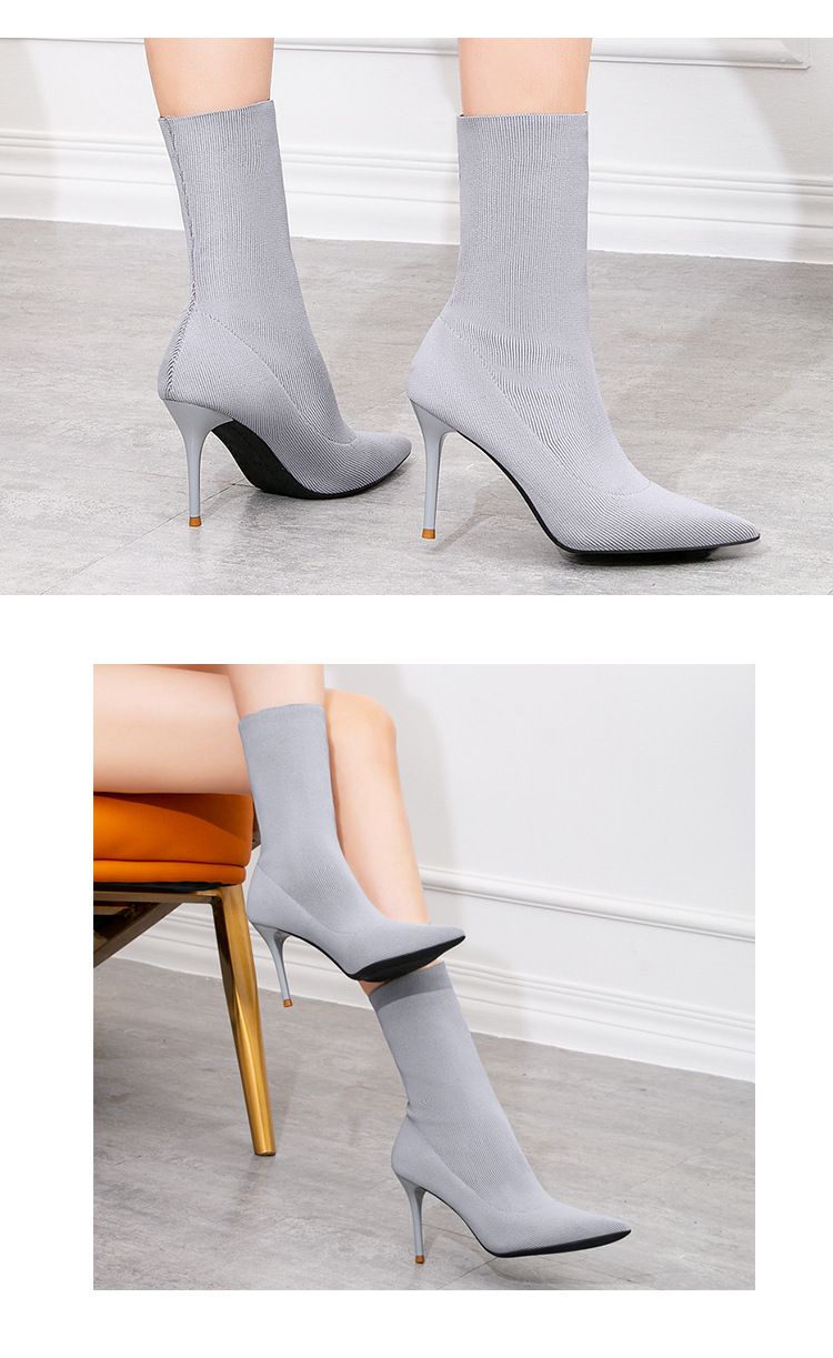 608-5 High Thin Heel Pointed Naked Solid Color Slim Fit Skinny Knitted Short Elastic Socks Boots_voghion.com