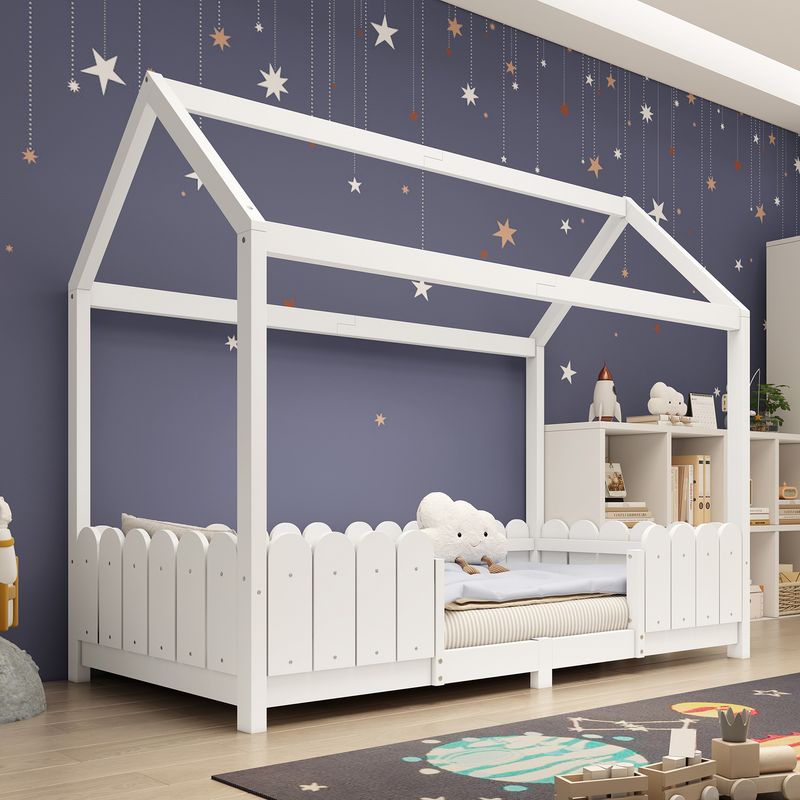 Hausbett 90x200cm, Holz-Kinderbett Mit Rausfallschutz, Bianco_voghion.com