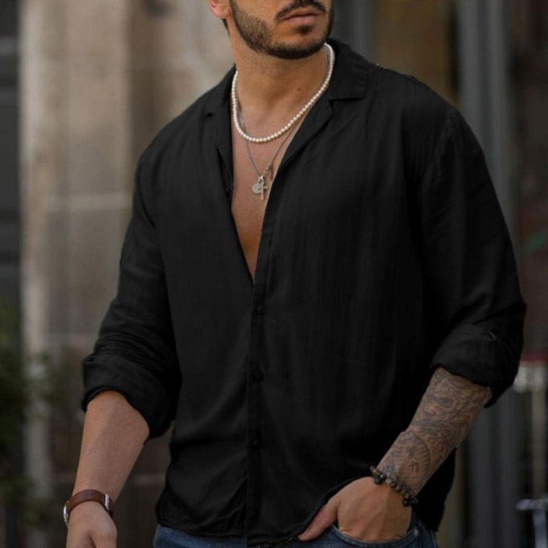 Camicia da ufficio a maniche lunghe in cotone e lino con bottoni, tinta unita, nuova tendenza per abbigliamento maschile_voghion.com