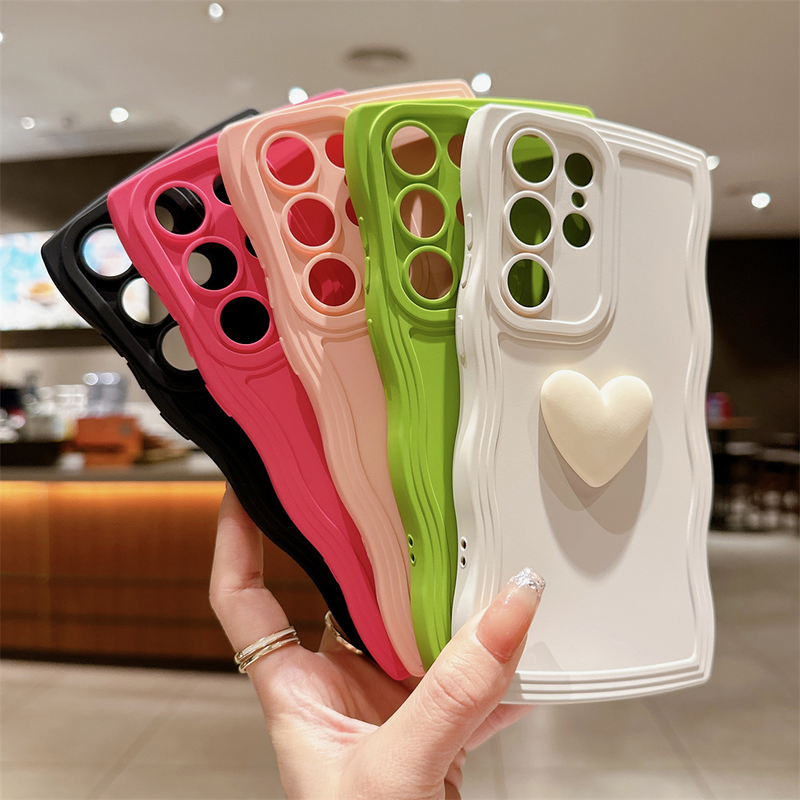 Cute 3D Love Heart Curly Wave Frame Case For Samsung S23 Ultra S22 Plus S21 S20 FE A53 A14 A52 A24 A54 Solid Color Silicon Cover_voghion.com