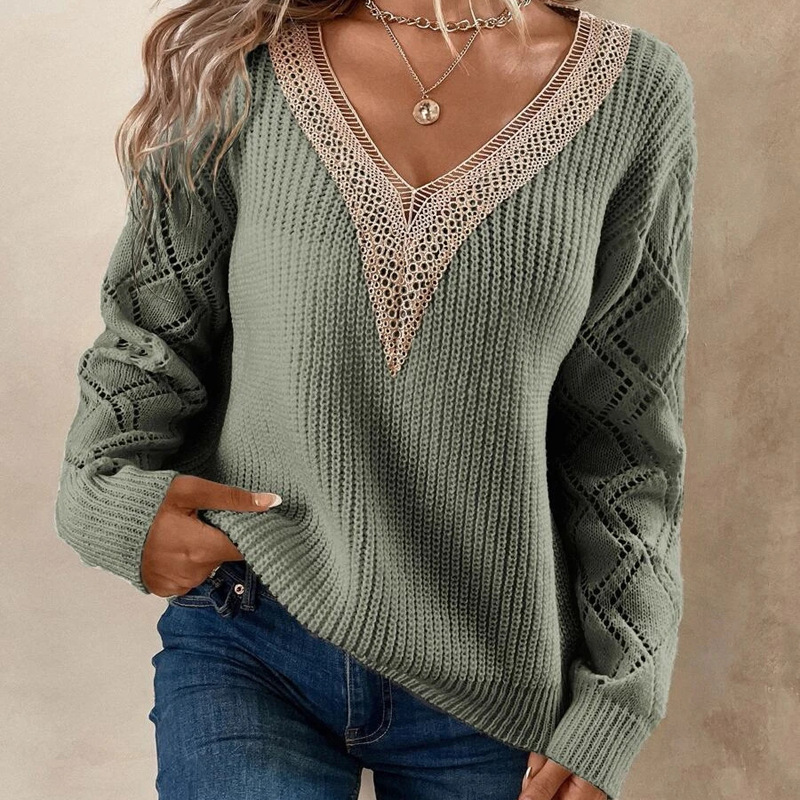 Chandails pour femmes printemps et automne pulls à col en v pull décontracté ample_voghion.com