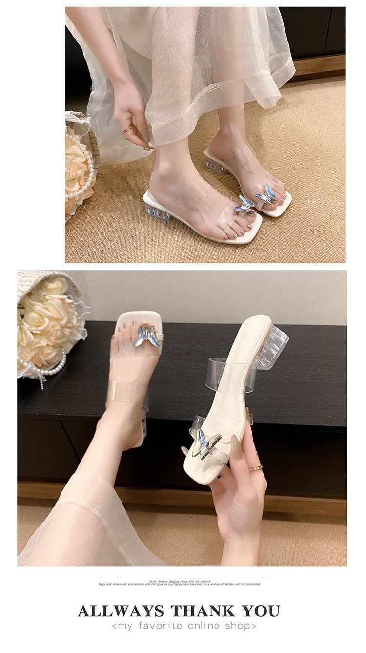 Damen-Pantoletten mit transparentem Absatz und Kristallverzierung – 8,9 cm hoher Blockabsatz und Schmetterlings-Zehenring (eleganter Stil)_voghion.com
