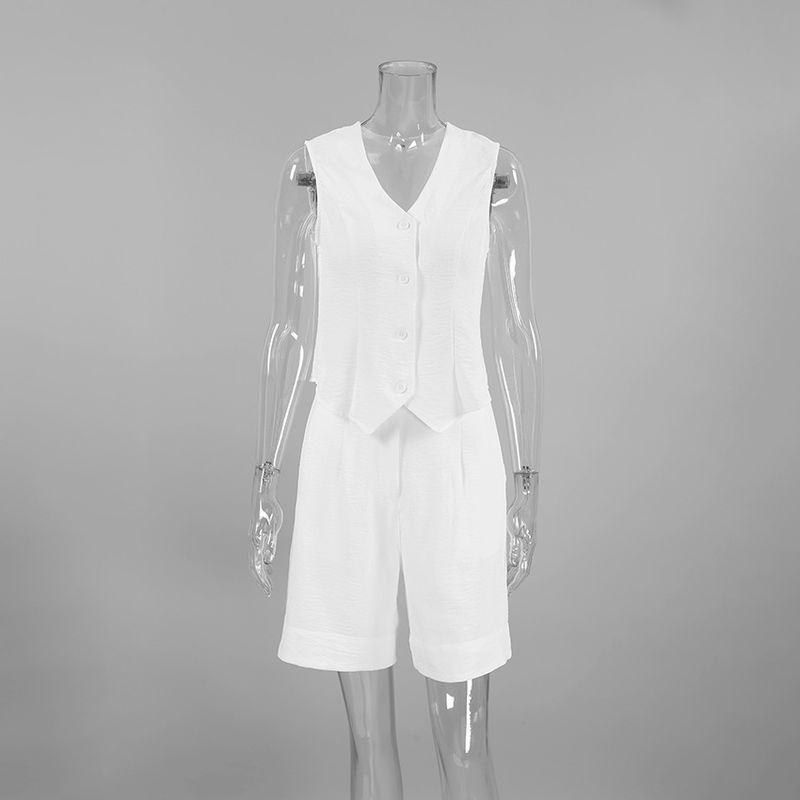 Ropa de mujer de verano, combina con todo, sencillo, sin mangas, cuello en V, chaleco, pantalones cortos, traje de dos piezas, traje informal de moda blanco_voghion.com