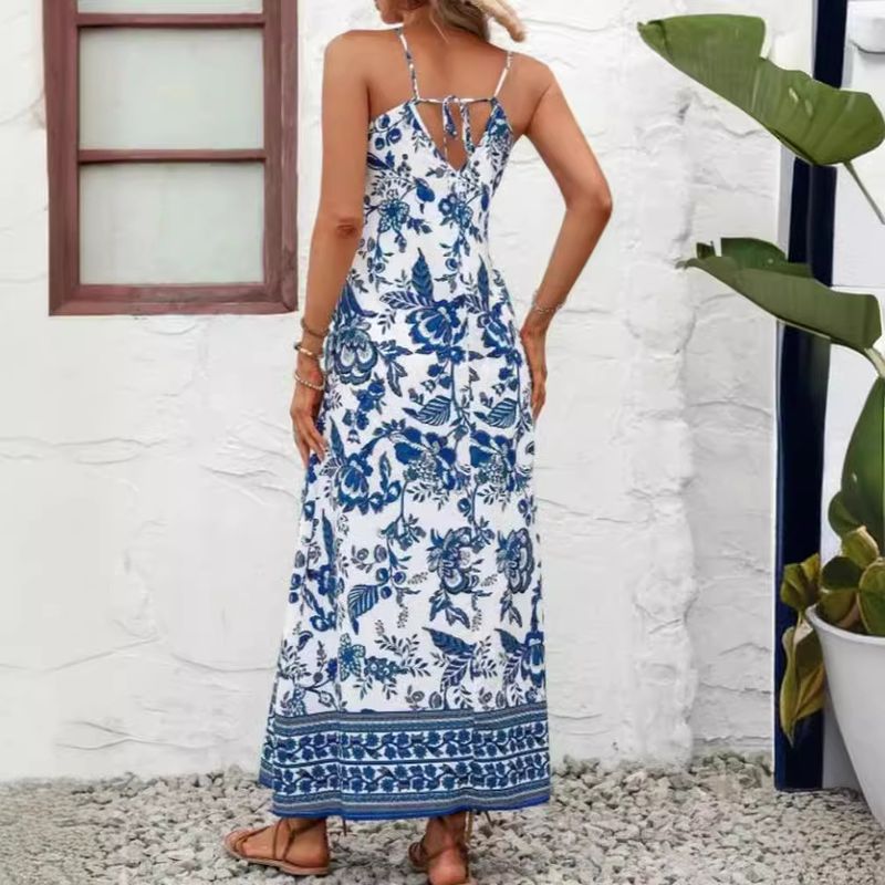 2024 Summer Sexy Backless V-neck Slim Fit Elegant Floral Strap A-line Beach Dress_voghion.com