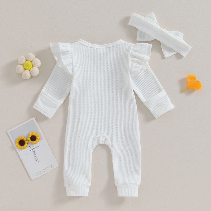 Pudcoco Infant Baby Girl Autumn Jumpsuit Solid Color Round Neck Flying Sleeve Ruffled Zipper Romper with Bow Headband 0-12M_voghion.com