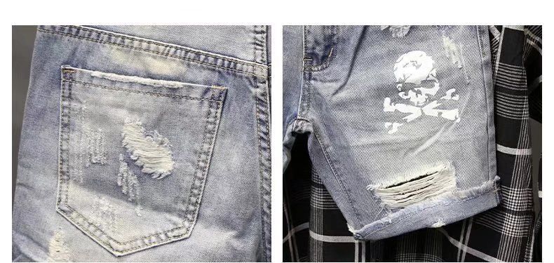 Men's Clothing Distressed Cat Whisker Hole Beggar 5 Shorts Slim Fit Denim Shorts_voghion.com