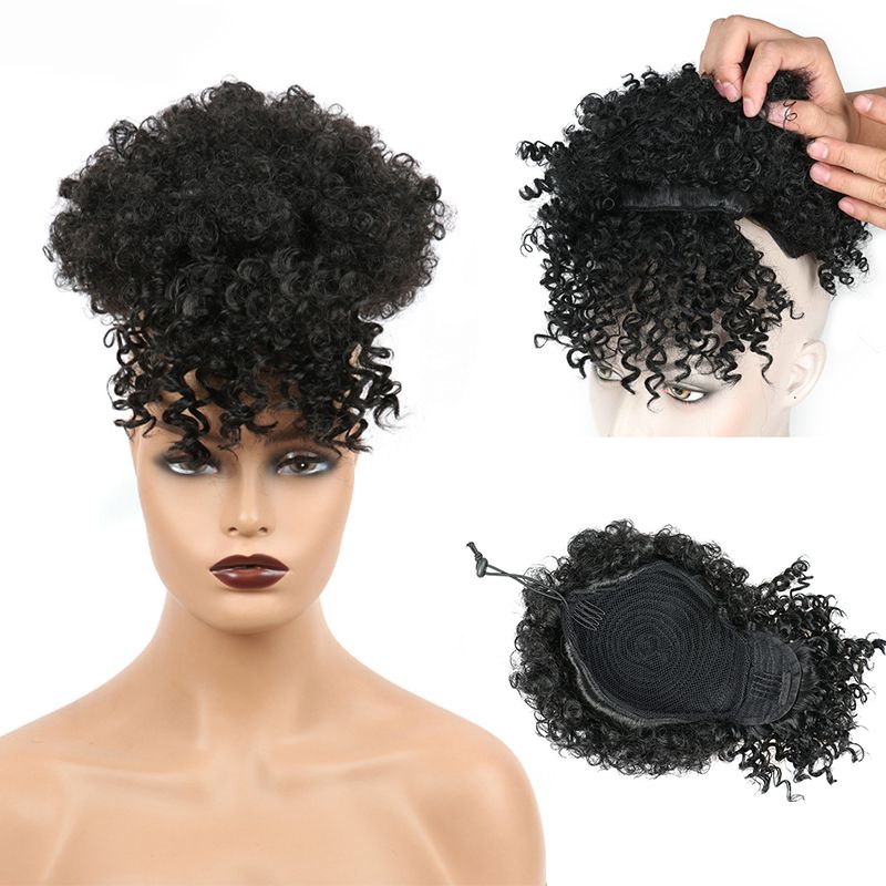 Zwarte korte kinky krullende chignon met pony Synthetische haarknot Trekkoord paardenstaart Clip in Afro Puff haarstukken voor vrouwen_voghion.com