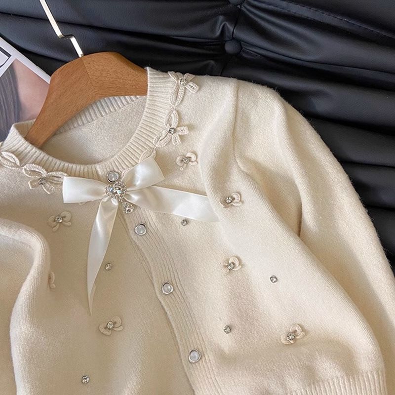 Inspired Beaded Bow Cardigan – Cozy & Elegant Knitwear For All Seasons Versatile Color Palette_voghion.com