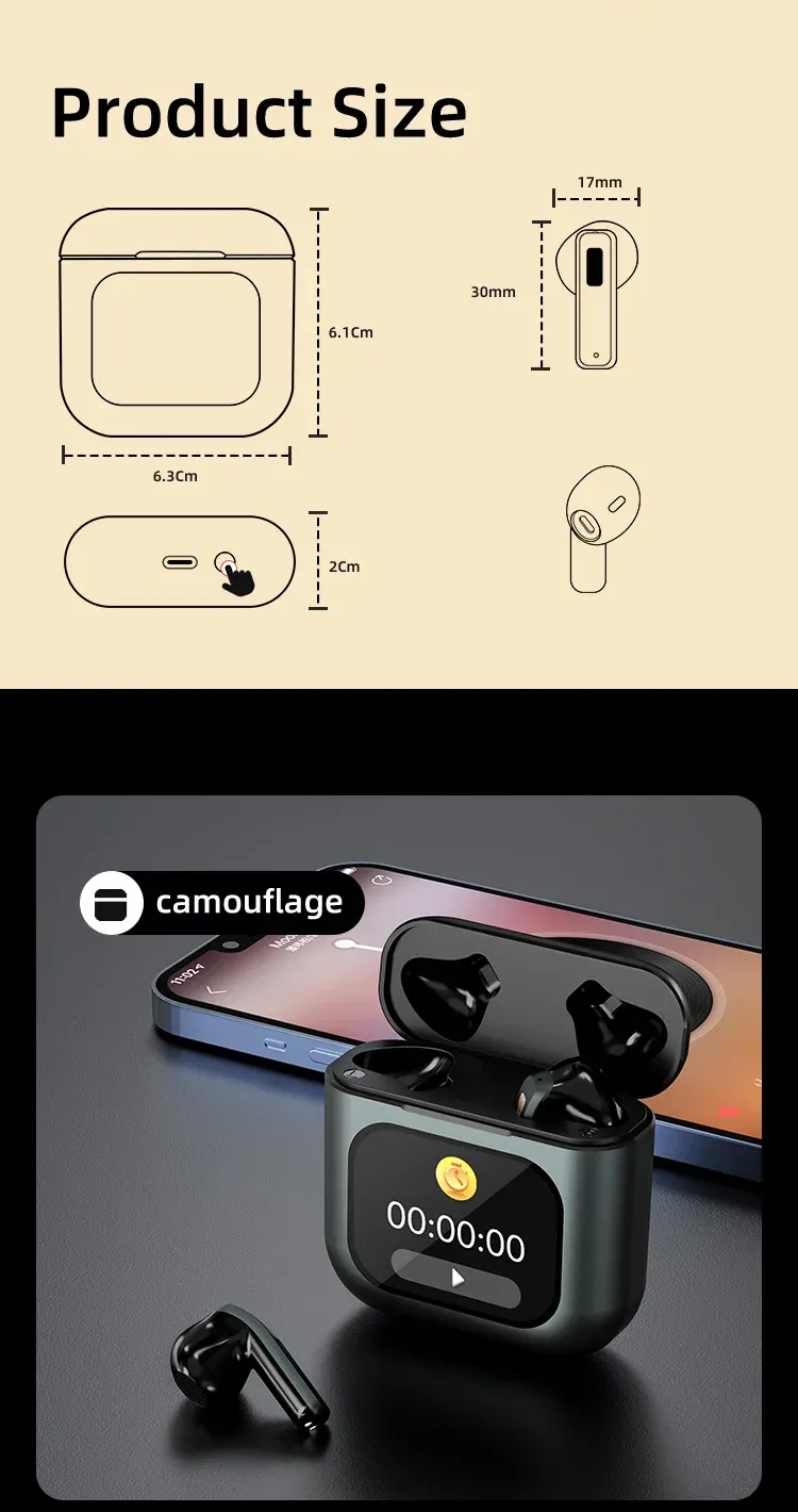 Smart Screen Touch Bluetooth Earphones Built-in 8GB Storage APP Control Video Switch Noise Reduction Message Reminder Earbuds_voghion.com