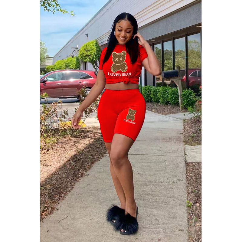 Damen-Trainingsanzug mit T-Shirt-Shorts und Bären-Print_voghion.com