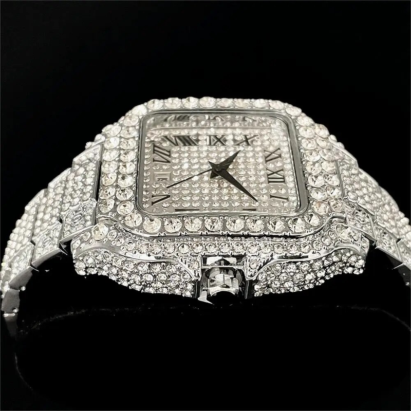 2023 Nieuwe Iced Horloge Herenmode Merk MISSFOX Automatische Datum Roestvrijstalen Klok Hip Hop Diamant Vierkant Goud_voghion.com