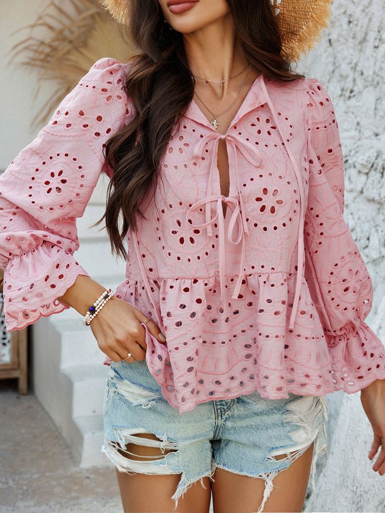 Ropa de mujer Primavera y verano Ocio Vacaciones Suelto Encaje Cárdigan Color Sólido Top Hueco Camisa de Mujer_voghion.com