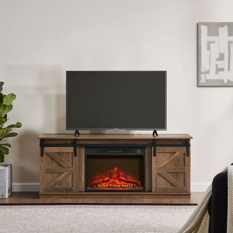 Fireplace TV Stand For Television Up To 65 Inch With Storage And Farmhouse Sliding Barn Doors, Entertainment Center With Cabinet And Shelves,Natural_voghion.com