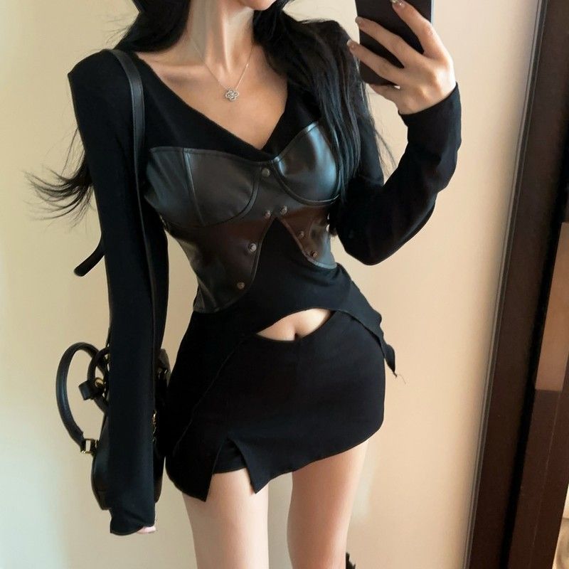Herbst Neue Dopamin Hot Girl Nischendesign PU-Leder Patchwork Langarm Top Stil Persönlichkeit Shirt Für Frauen_voghion.com