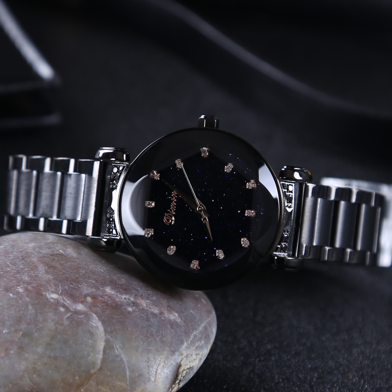 Demini Starry Sky Plate con cinturino in acciaio con diamanti Orologio da donna alla moda con doppio pulsante in oro rosa e viola_voghion.com