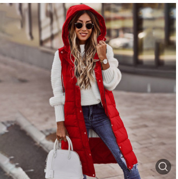 Gilet lungo in cotone senza maniche, con cappuccio, temperamento sottile, tinta unita, moda e tempo libero da donna_voghion.com
