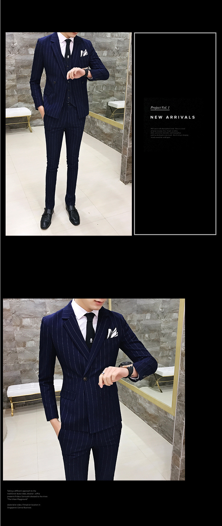 Terno masculino moda clássico listrado negócios casual fino vestido formal terno colete calças conjunto de três peças_voghion.com